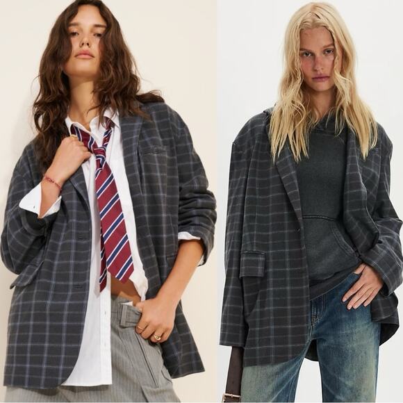 Free People Oversized Layering Menswear Reggie Blazer Blue Plaid Preppy Large